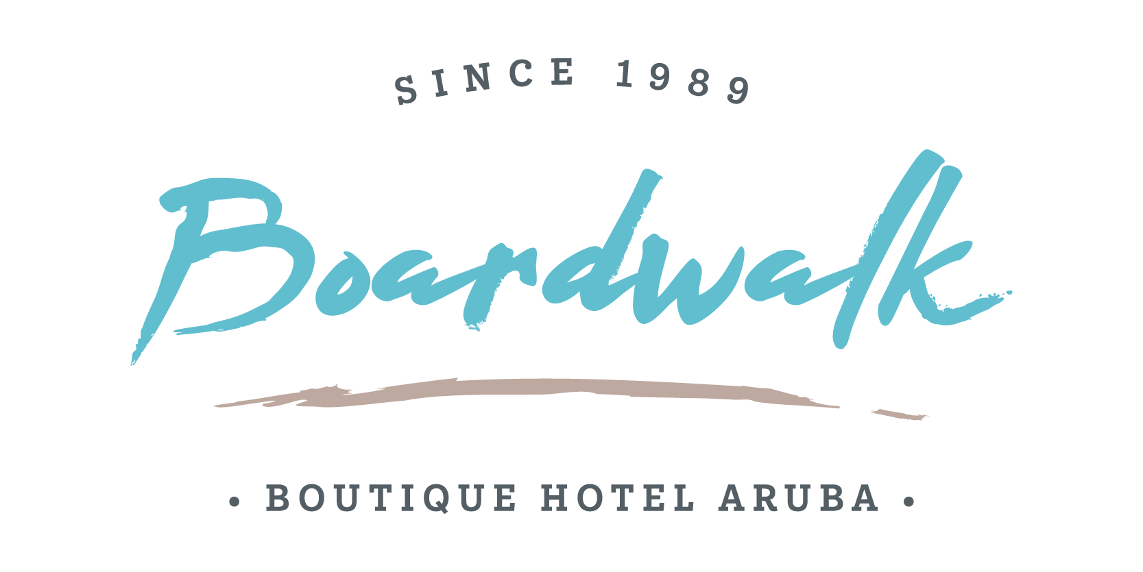 Boardwalk Hotel Aruba logo horizontal turquoise, brown and grey