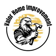 Logo for Valor Home Improvement: Eagle holding hammer in front of American flag, black, gold, and white.