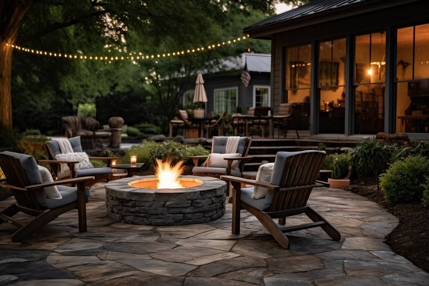 Fire pit with Adirondack chairs on a stone patio, string lights, and a home in the background.