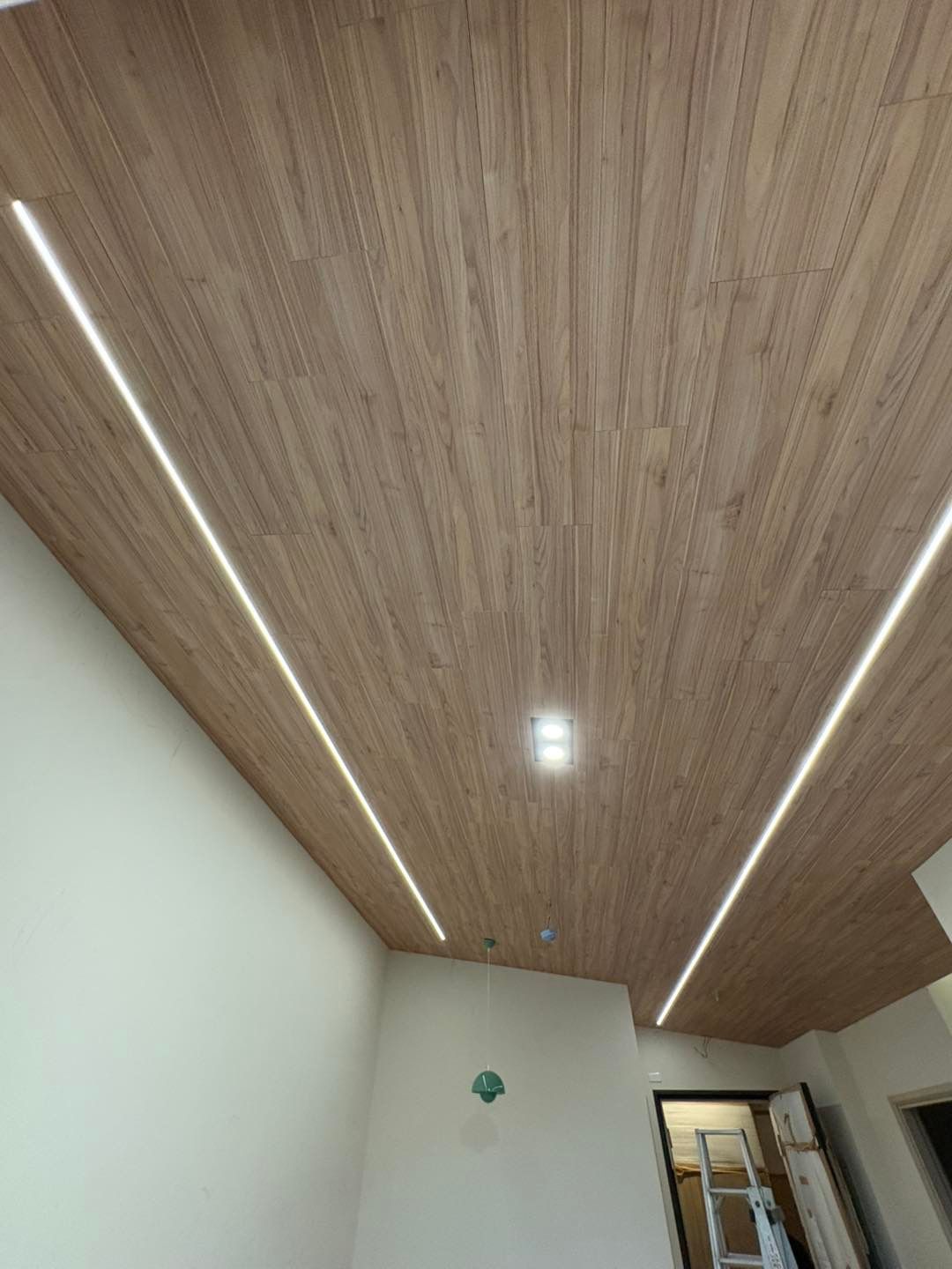 Wooden ceiling with recessed LED lights. Beige walls below, door and ladder visible.