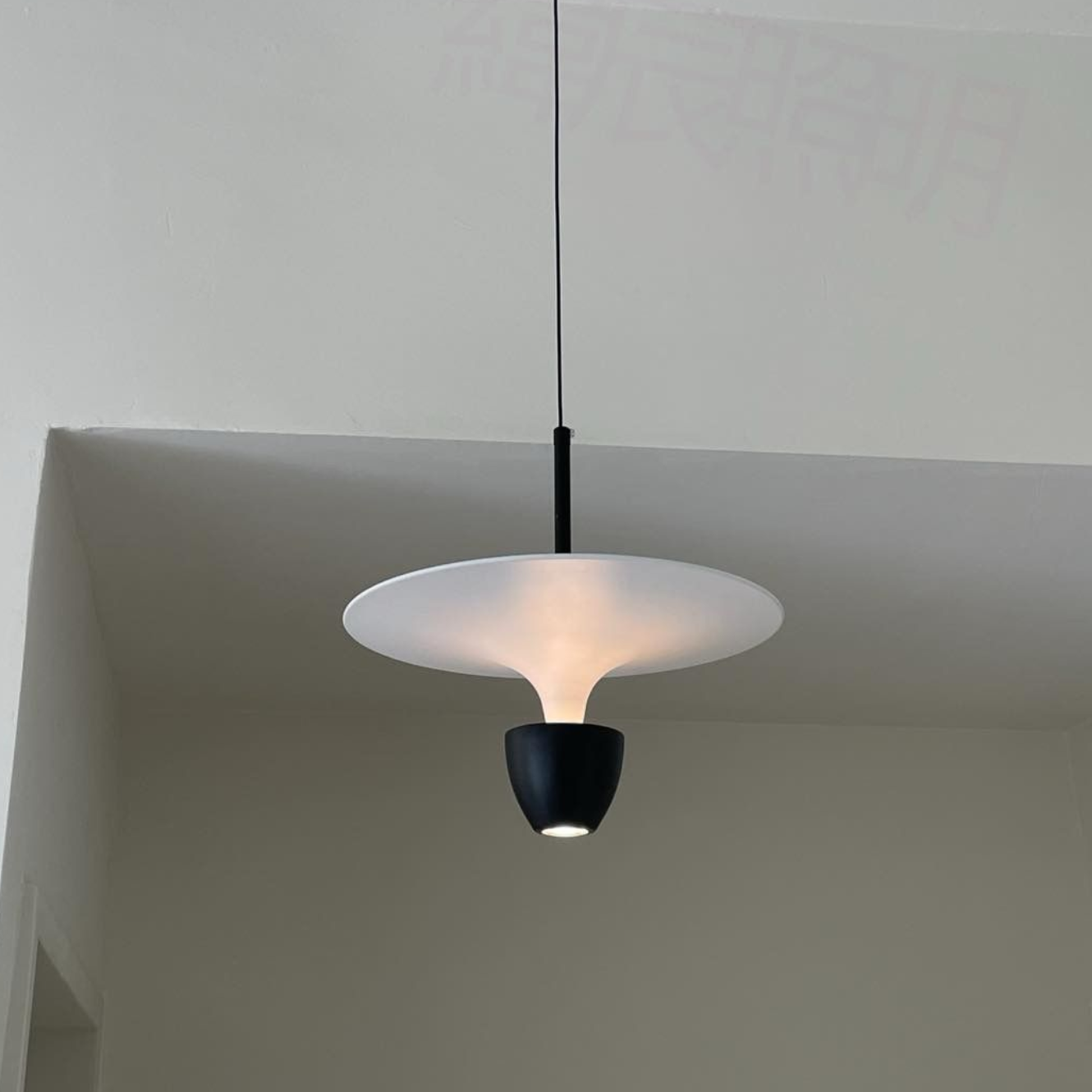 Black and white pendant lamp hanging from the ceiling; a round shade diffuses light.