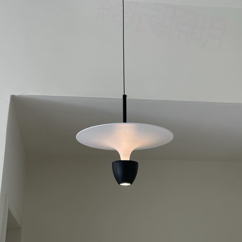 Black and white pendant lamp hanging from the ceiling; a round shade diffuses light.