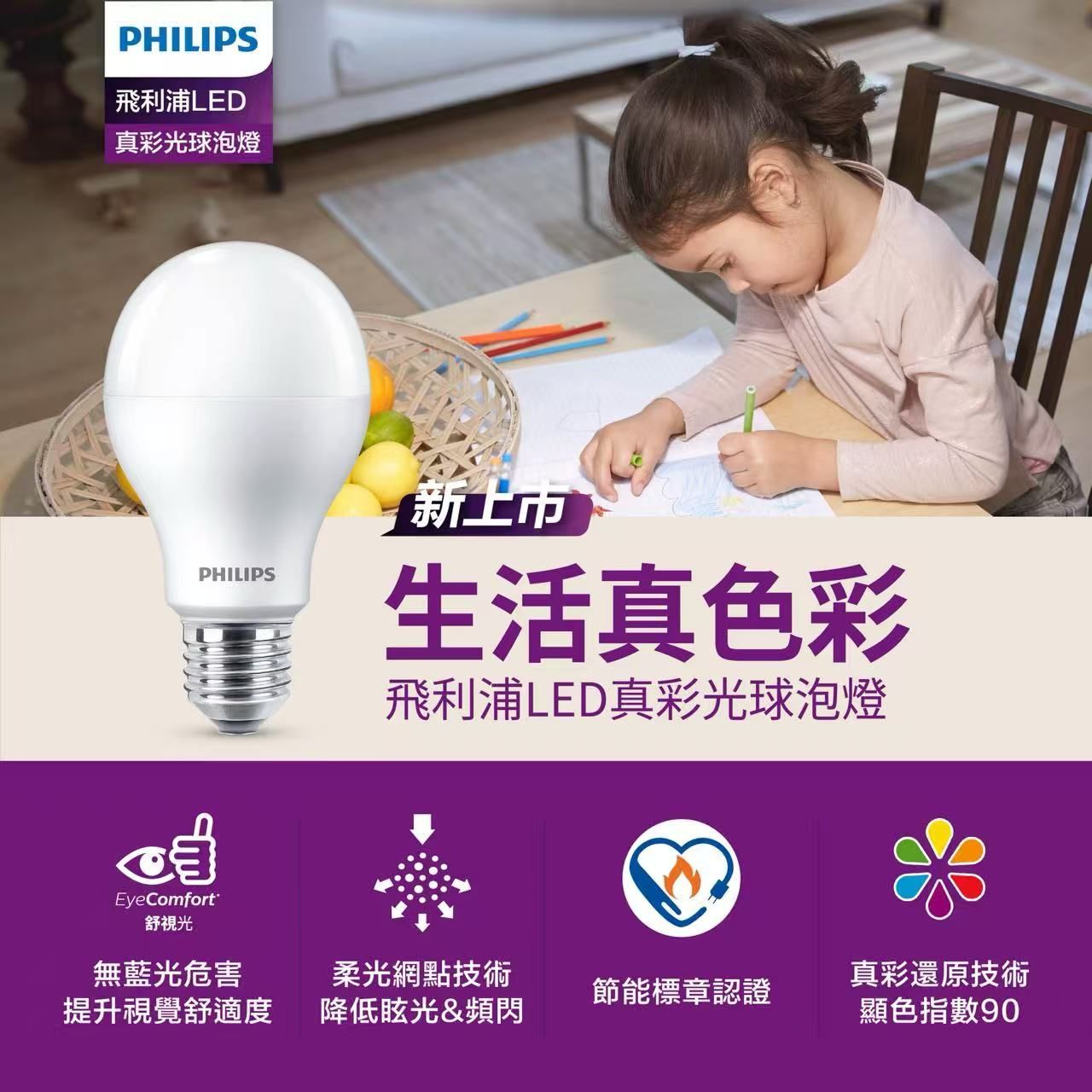 A Philips LED ceiling light. The light is round and white, beside its purple box.
