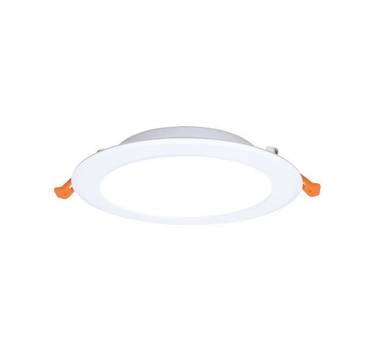 Round, white recessed LED ceiling light with orange spring clips.