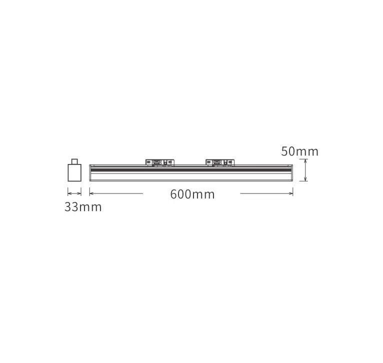 Diagram of a 600mm long linear light fixture, 50mm wide and 33mm thick, with measurements labeled.