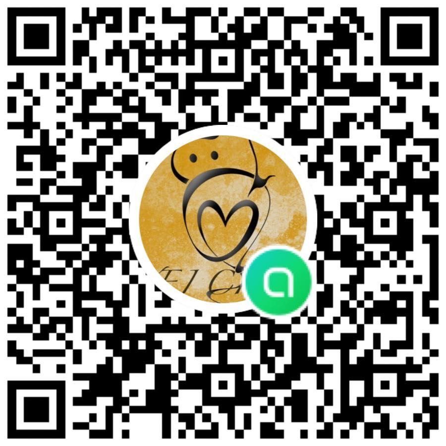 QR code with a circular logo in the center, featuring a heart-shaped design and a green 