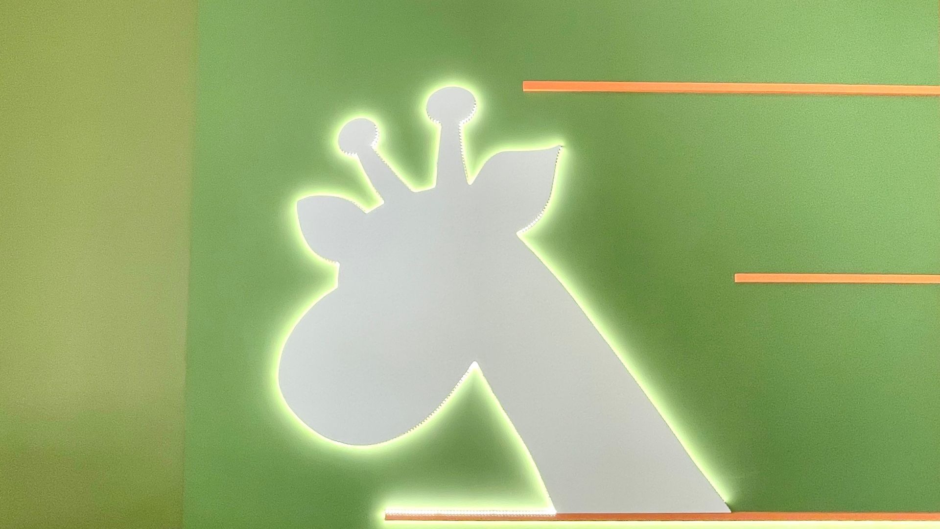 White giraffe silhouette with glowing green outline on a green wall. Wooden shelves.