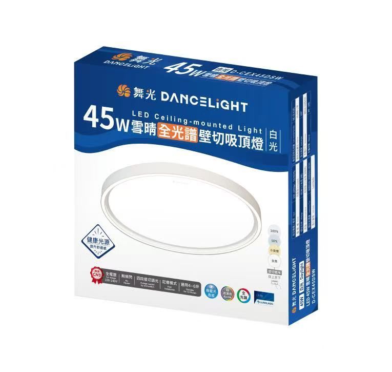 Box for a 45W LED ceiling light. It has a white, ring-shaped light illustration.