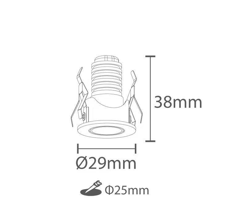 White recessed LED spotlight with black adjustable housing and metal mounting clips.