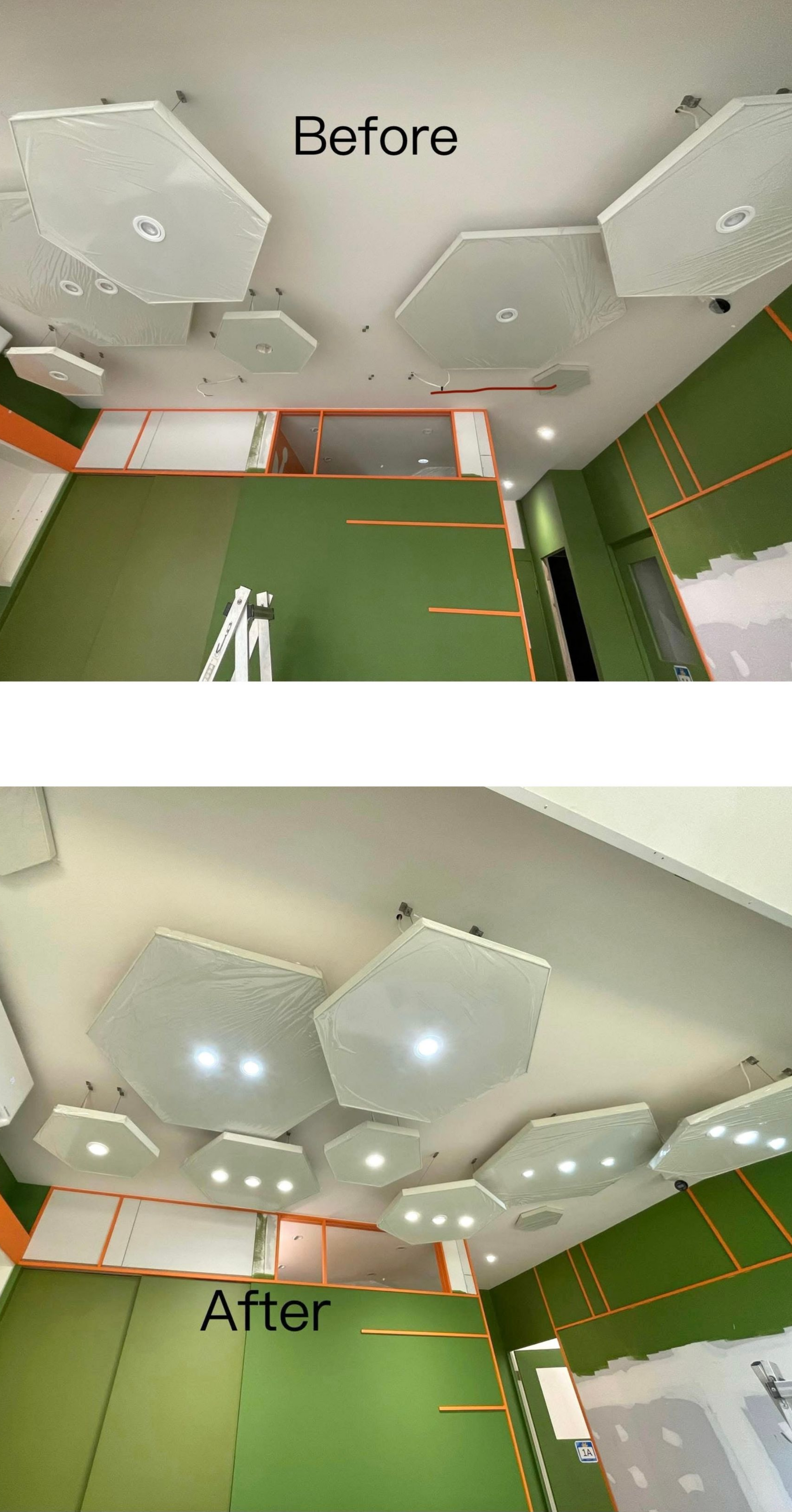 Comparison of a ceiling before and after the installation of recessed lights, showing hexagonal panels and green flooring.