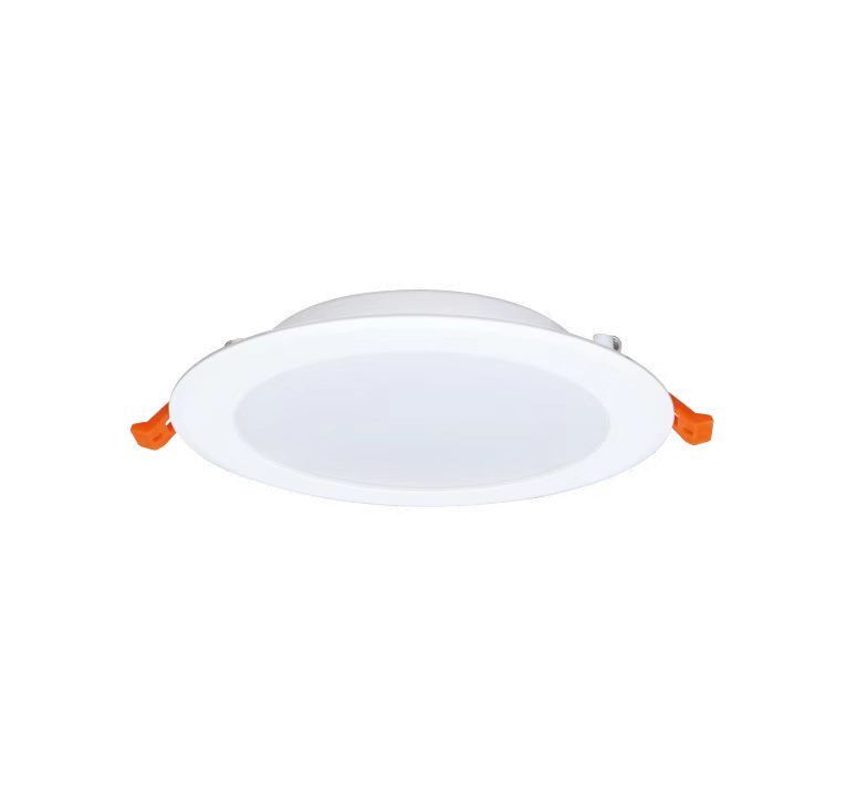 White recessed LED ceiling light with orange spring clips.