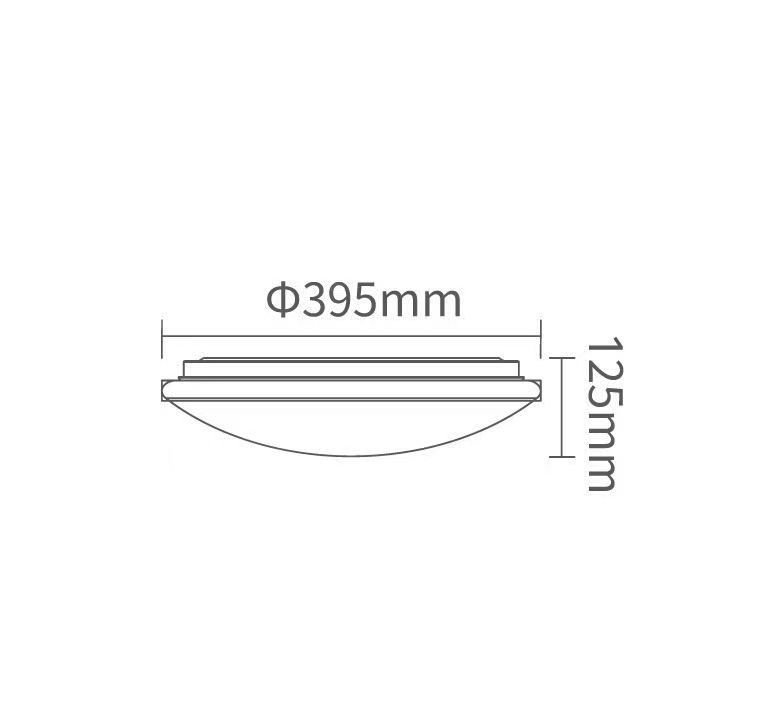 Round, wood-trimmed ceiling light with a remote control, emitting wireless signals.