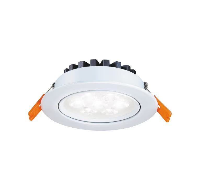 White recessed LED downlight with orange mounting clips.