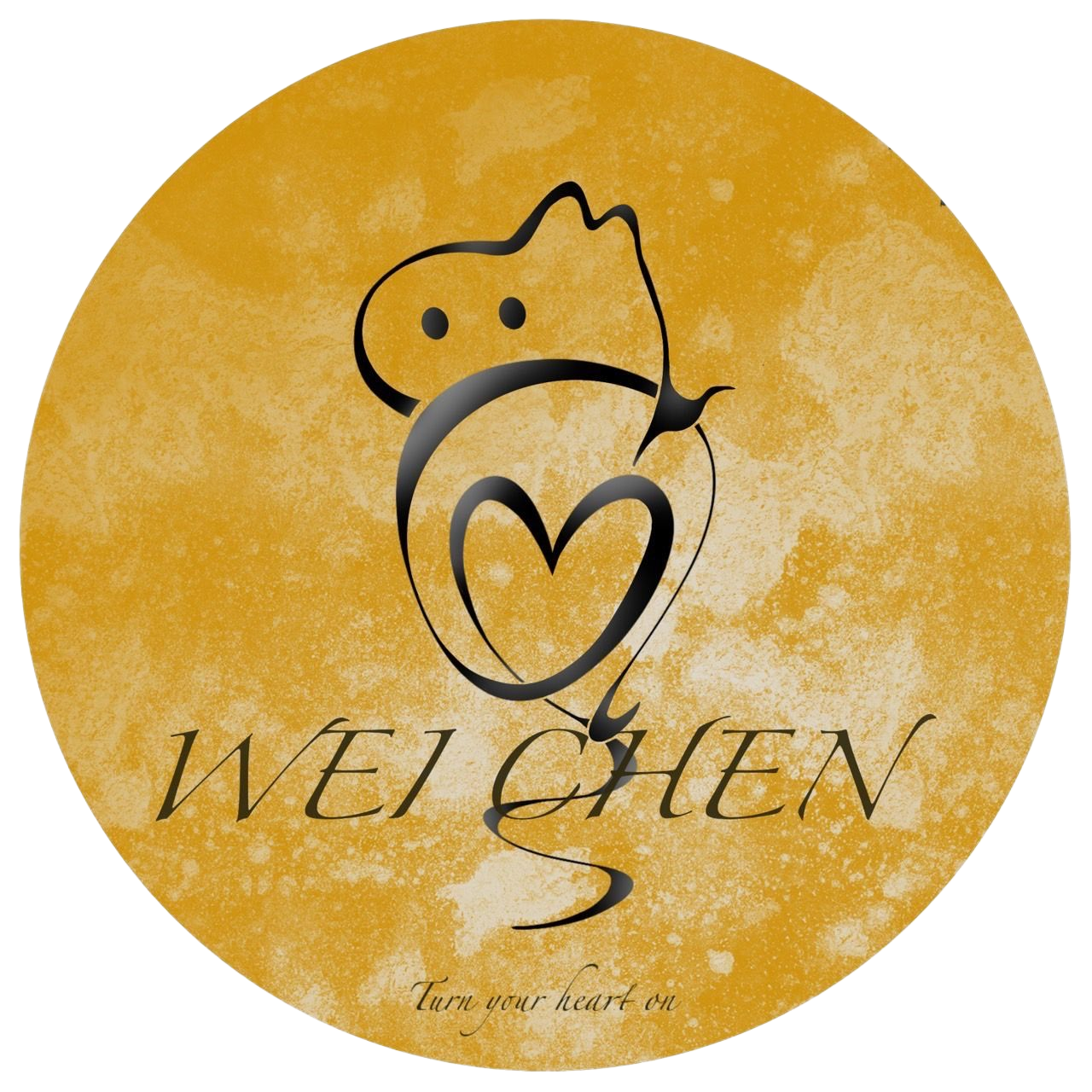 Yellow circle logo with a black whimsical figure embracing a heart shape, text 