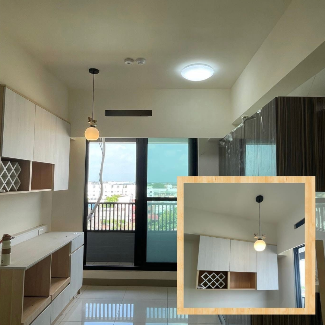 Brown and gold pendant light with a decorative, patterned shade, hanging from a ceiling.