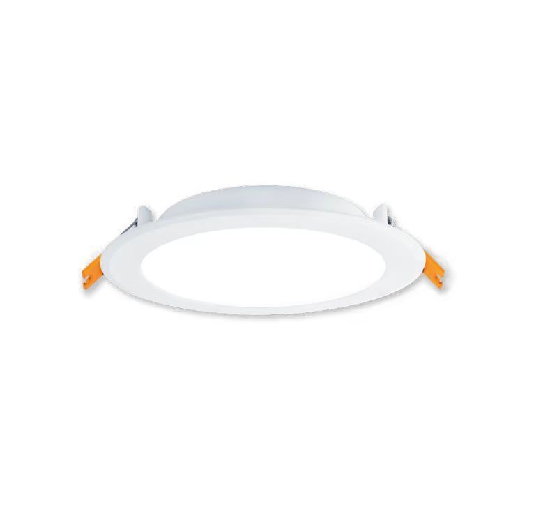White, circular recessed LED ceiling light with orange spring clips.