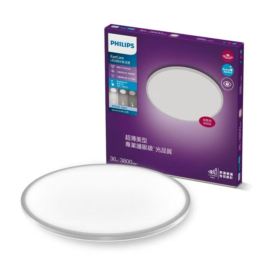 A Philips LED ceiling light. The light is round and white, beside its purple box.