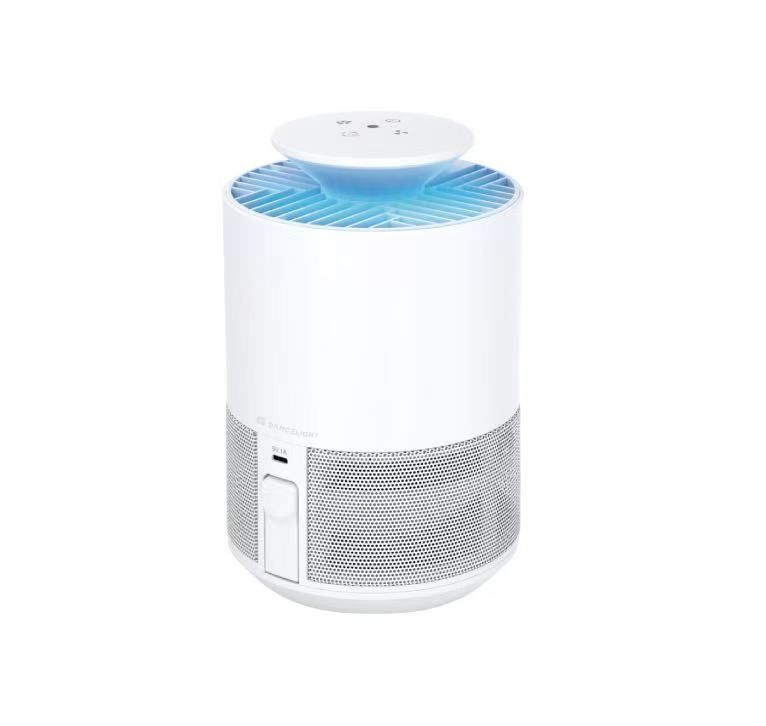 White cylindrical mosquito trap with blue light on top, surrounded by a metal mesh.