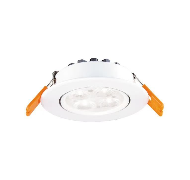 White recessed ceiling light with orange mounting clips.