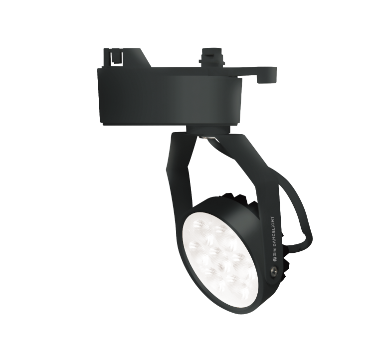 Black track lighting fixture with adjustable spotlight.