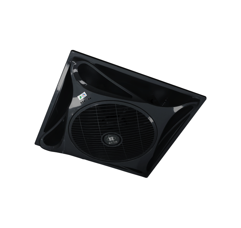 Black ceiling-mounted air vent with a circular grill and a square frame.