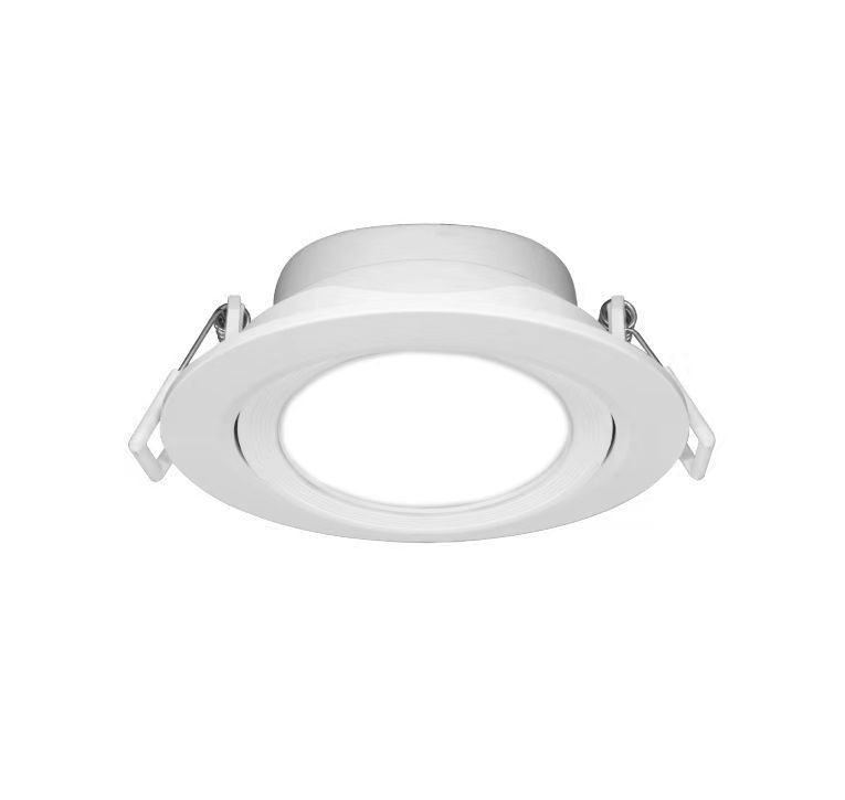 White recessed LED downlight, circular with two spring clips.