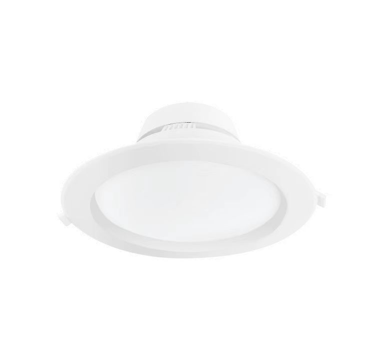 White recessed LED ceiling light with a round, diffused light panel.