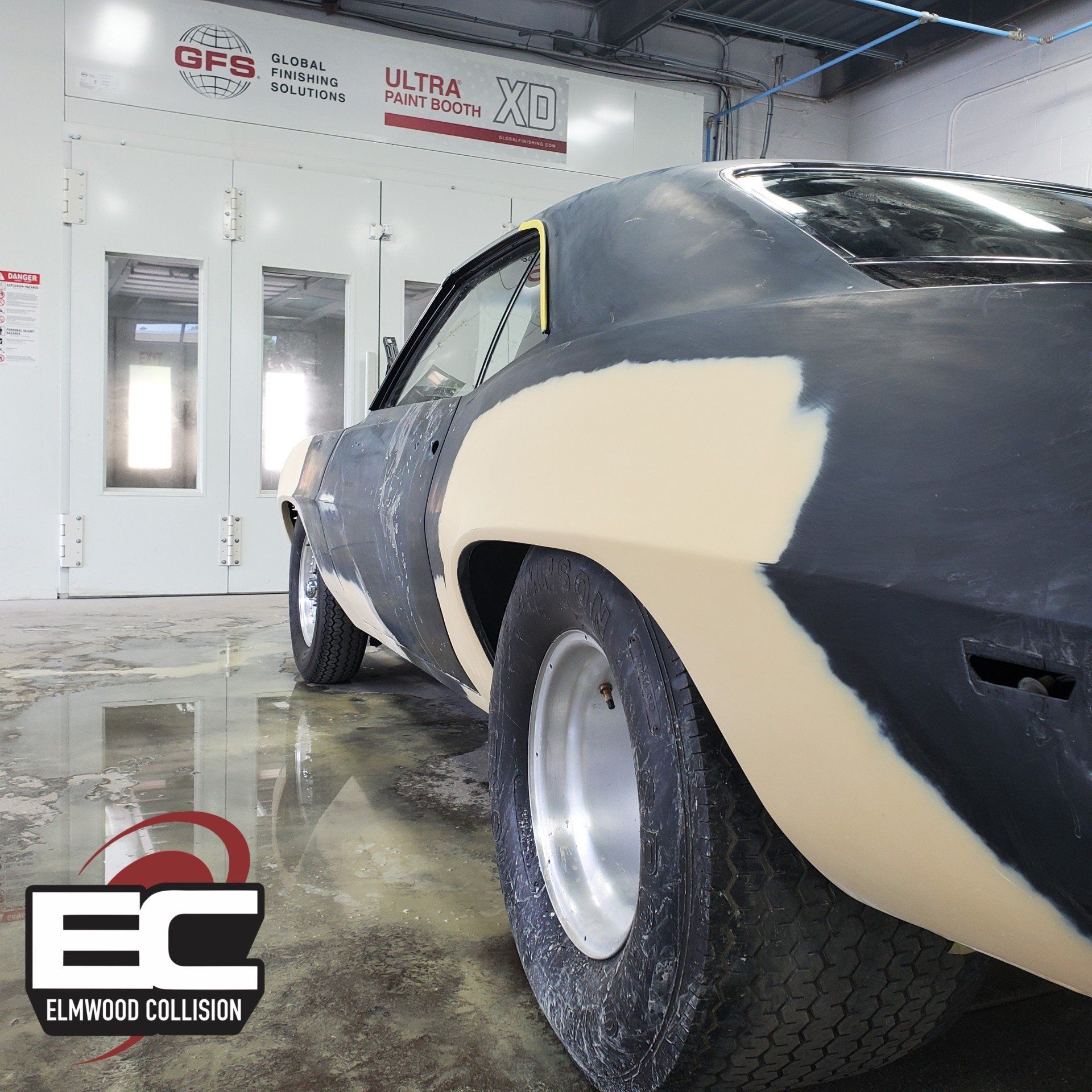 Left Quarter Panel on 1969 Camaro with body work and primer