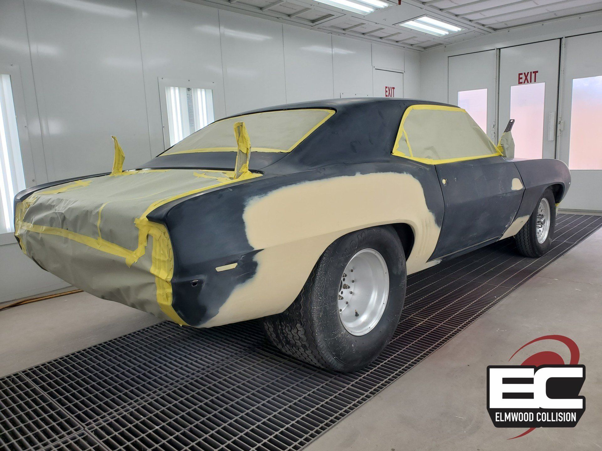 1969 Camaro in Primer inside XD Ultra Paint Booth at Elmwood Collision in Buffalo New York