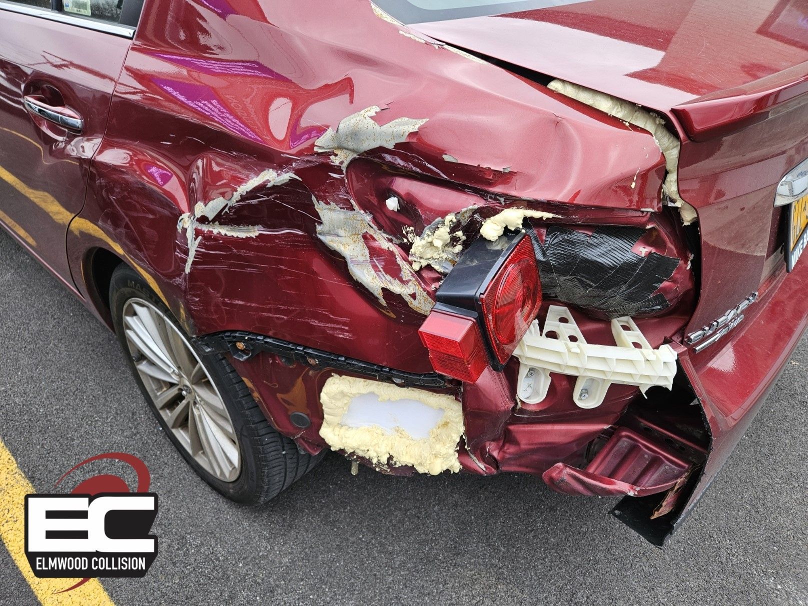 Extensive damage to left quarter panel, tailight, bumper.