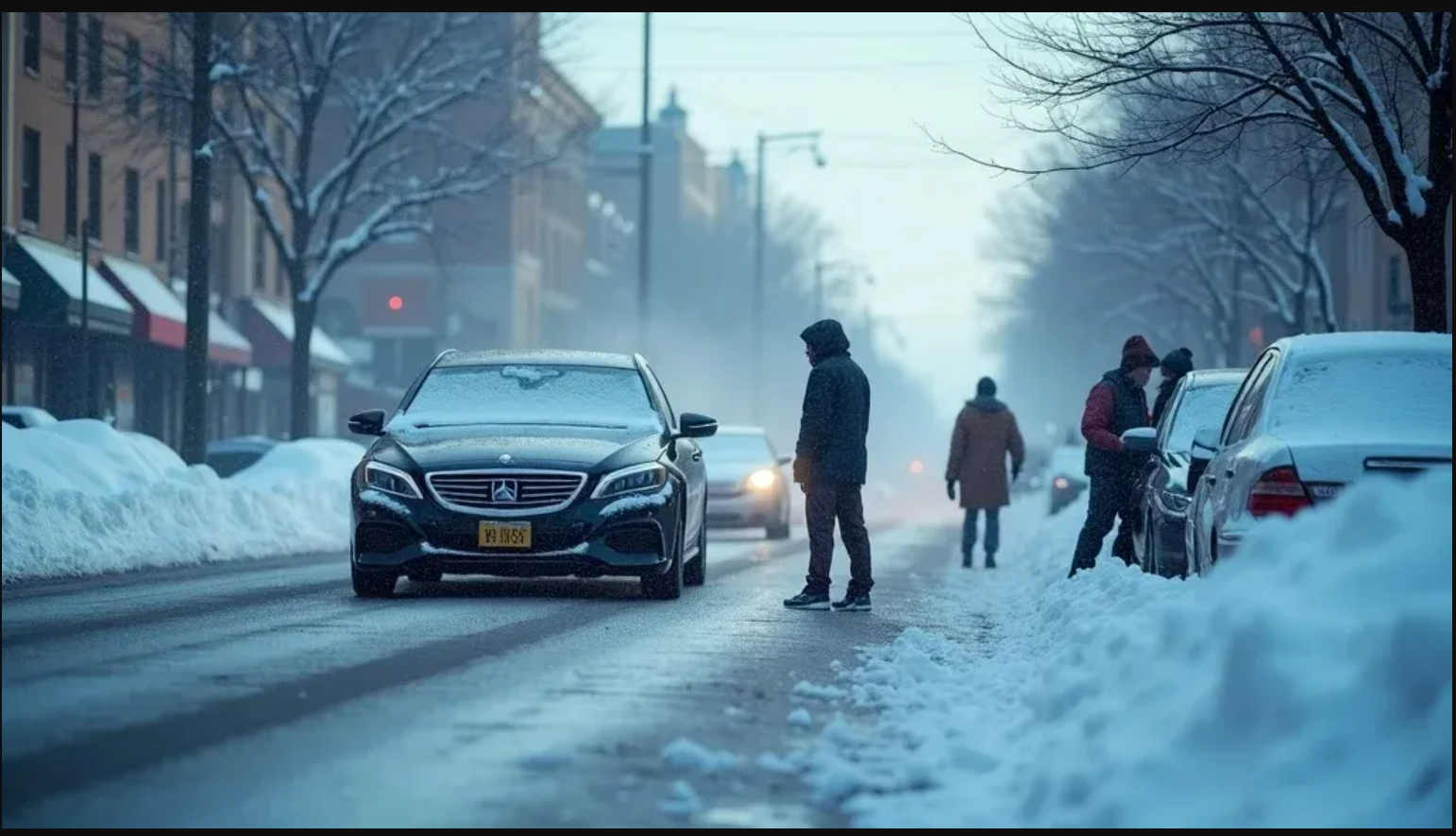 Snowy city street scene; car driving towards camera, pedestrians walking, snowbanks on either side.