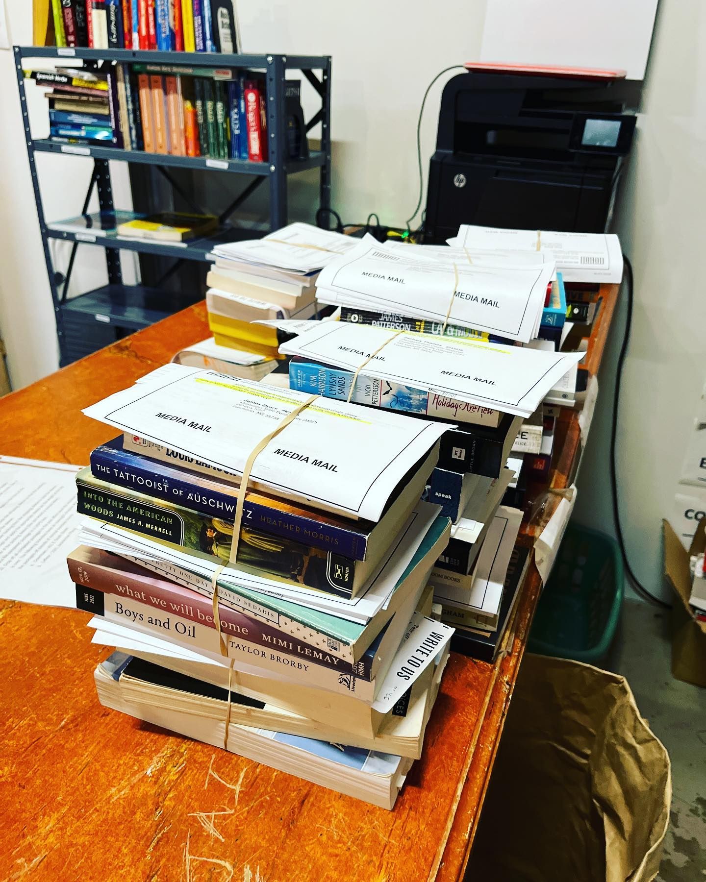 A desk piled with books, many bound with rubber bands, in an office or library setting. Shelves and a printer are in the background.