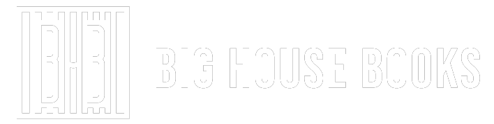 Logo for Big House Books. White outlined text and stylized building graphic.