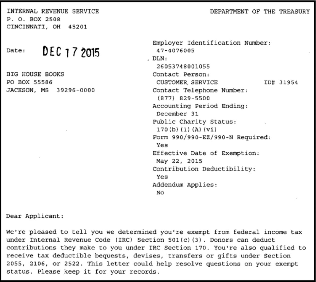 IRS letter, dated Dec 17, 2015, determining exemption from federal income tax. Includes contact details and EIN.