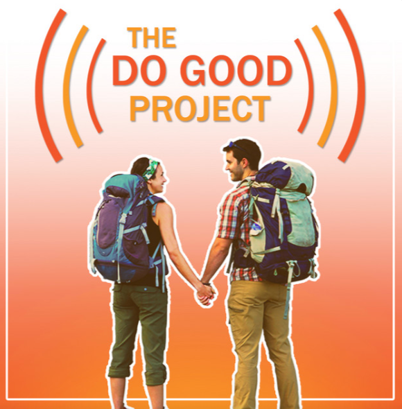 Two backpackers holding hands, with orange and yellow waves above text: 