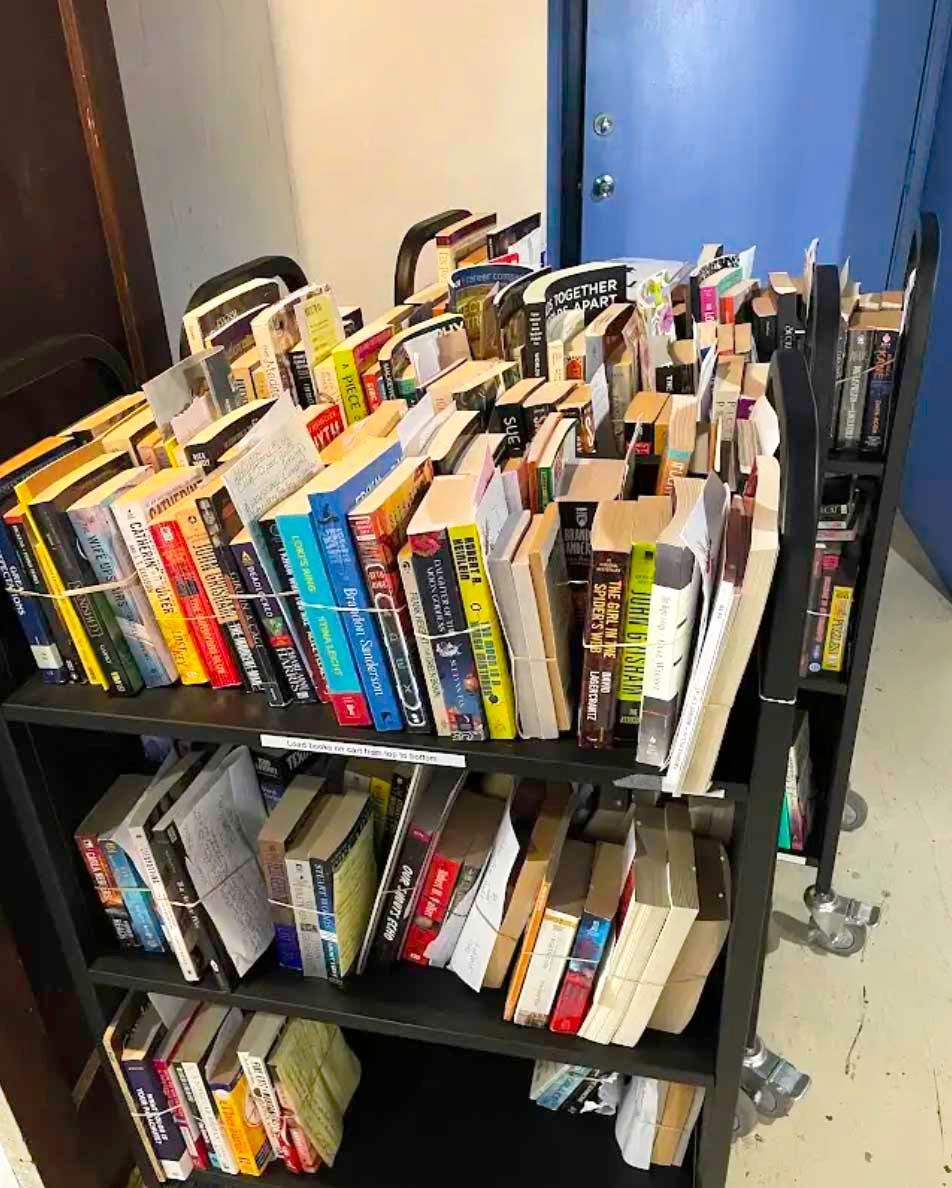 Books on a rolling cart, stacked on multiple shelves. Blue door in background.