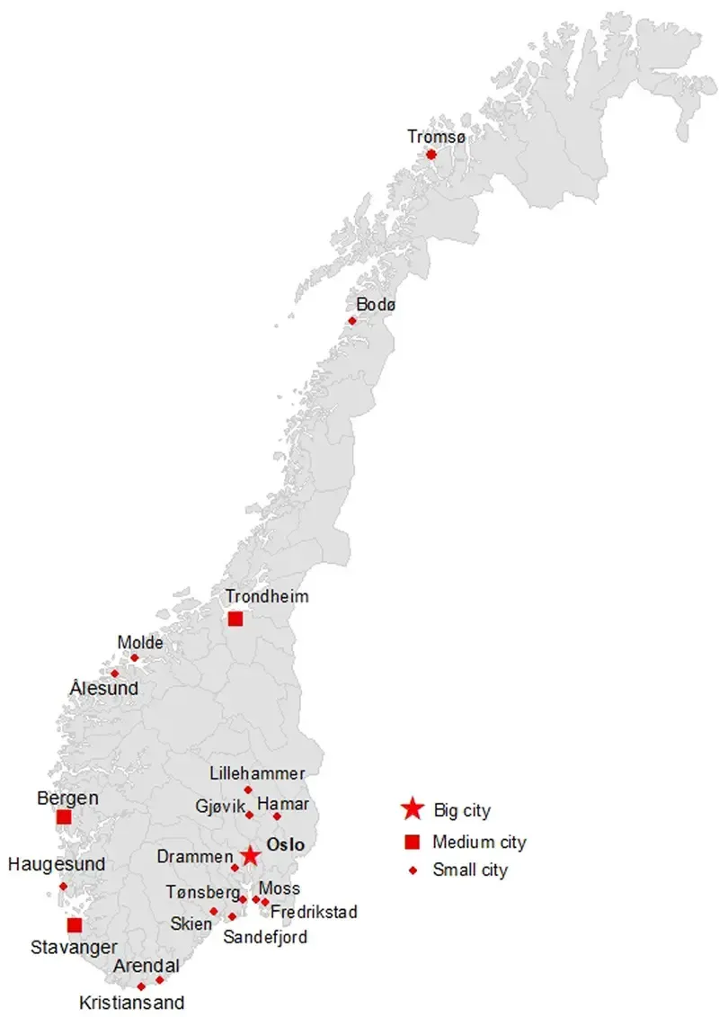 A map of norway with a lot of cities on it used to illustrate Home Share locations.