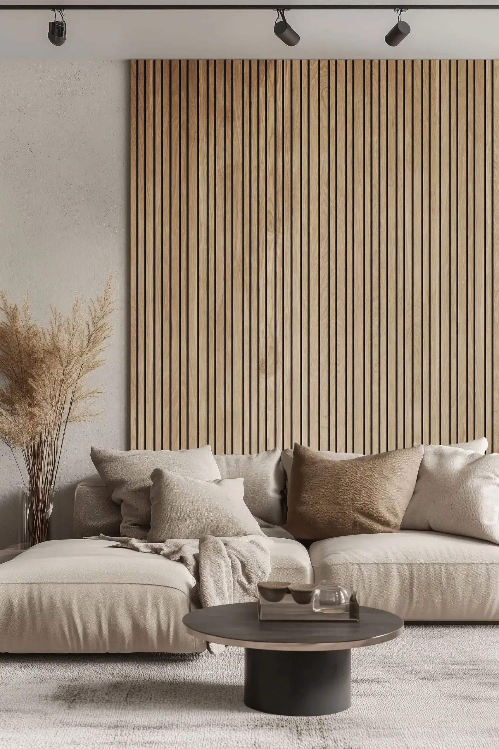 A living room with a couch , coffee table , and wooden wall that is part of Home Share corporate apartments