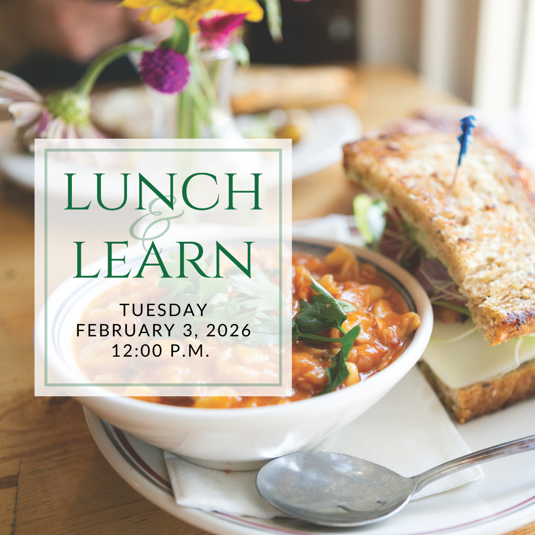 a plate of sandwiches on a table with the words lunch & learn on it