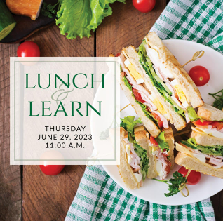 A plate of food with the words lunch & learn on it