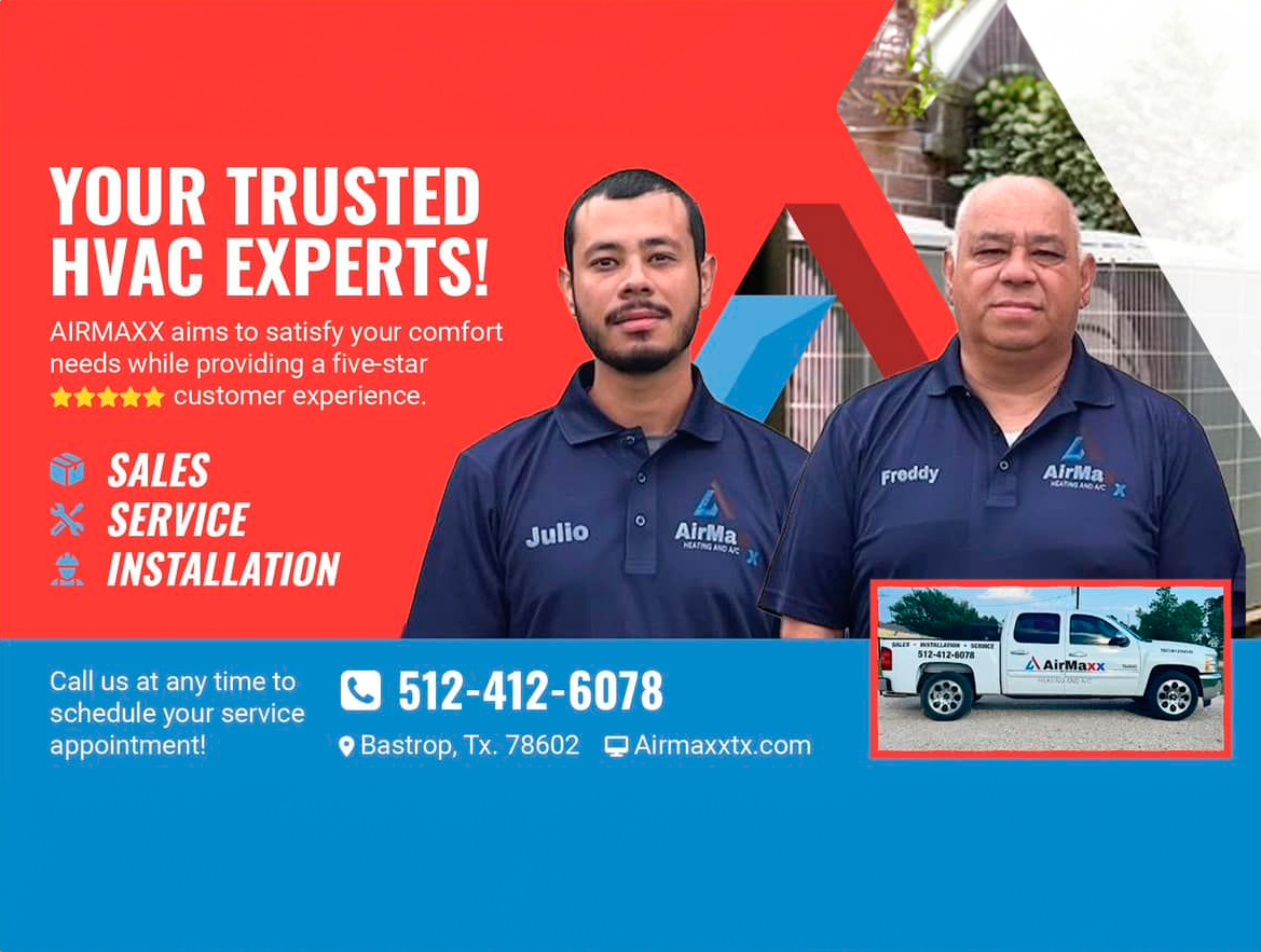HVAC company ad: Two men in blue shirts, service truck, phone number, sales/service/installation icons. Red, blue, white background.