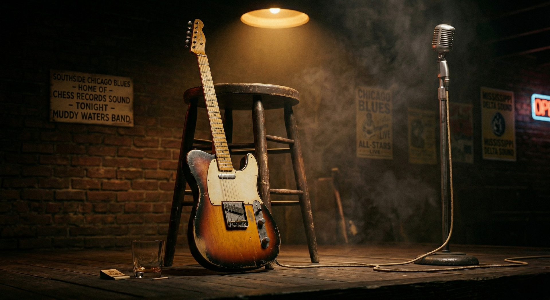 A vintage sunburst Fender Telecaster electric guitar on a Chicago blues club stage