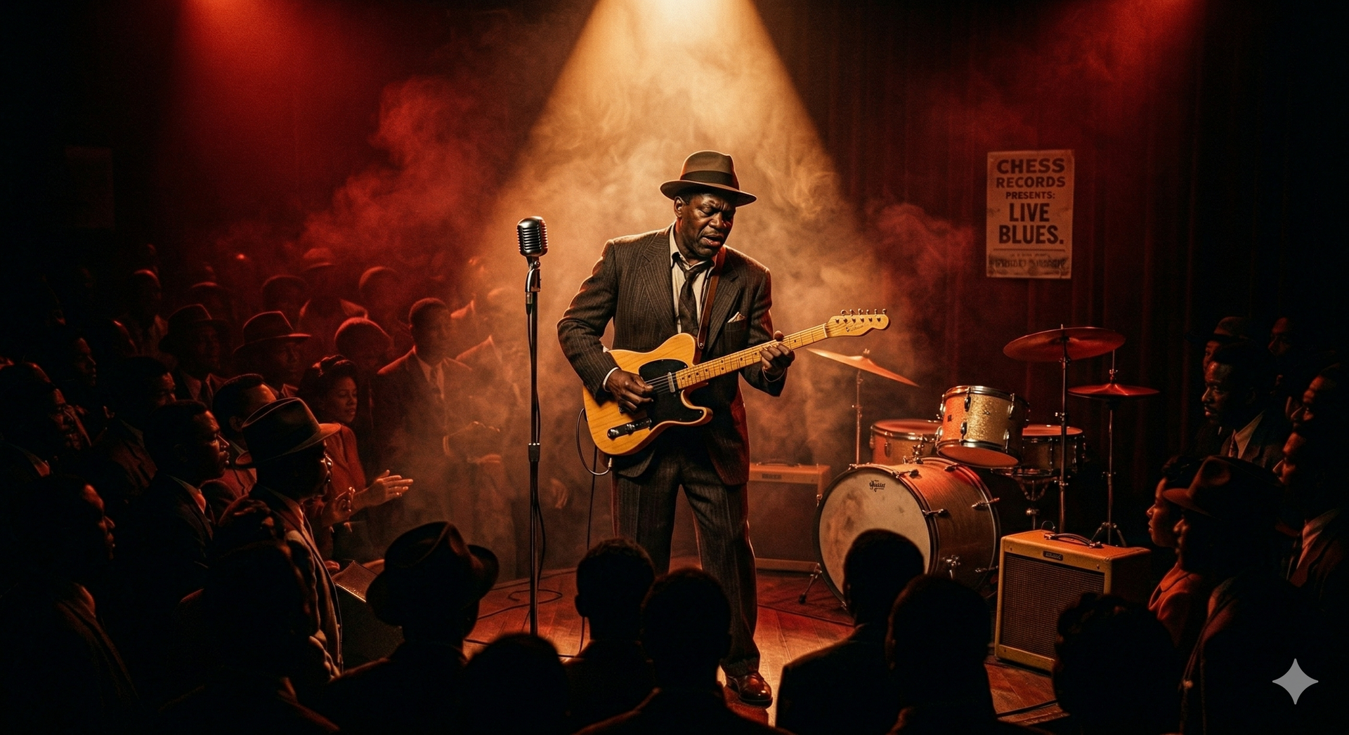 A 1950s Chicago blues musician playing electric guitar under a dramatic spotlight in a packed South Side blues club