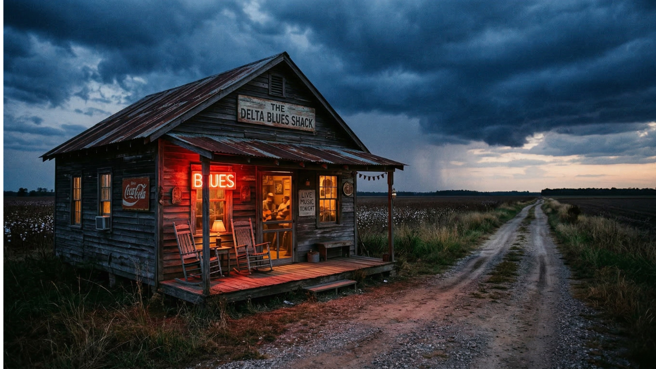 A weathered Mississippi Delta juke joint at dusk with warm amber light glowing through the windows