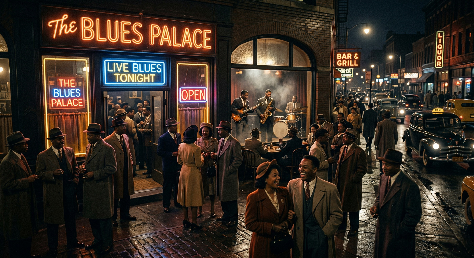 A 1940s Chicago South Side blues club at night with neon signs glowing and crowds gathered outside o