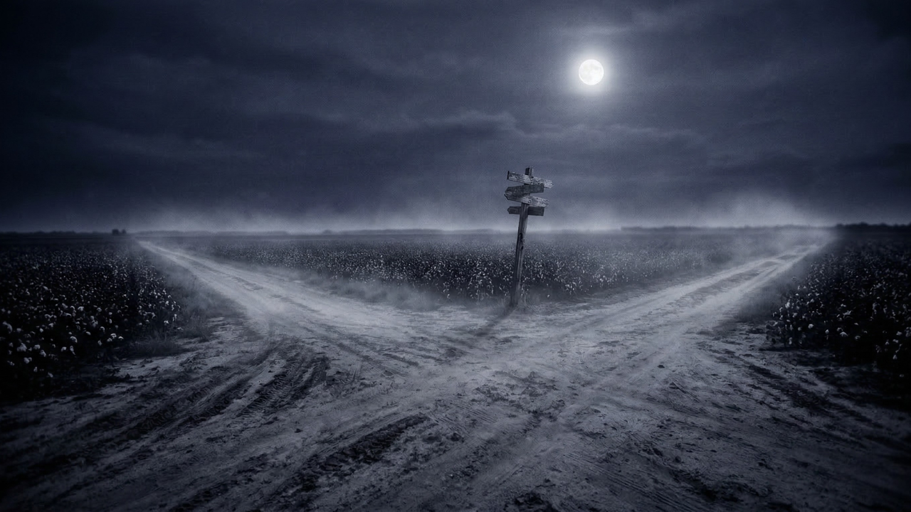 A desolate Mississippi Delta crossroads at midnight under a full moon with fog over empty dirt roads and flat cotton fields