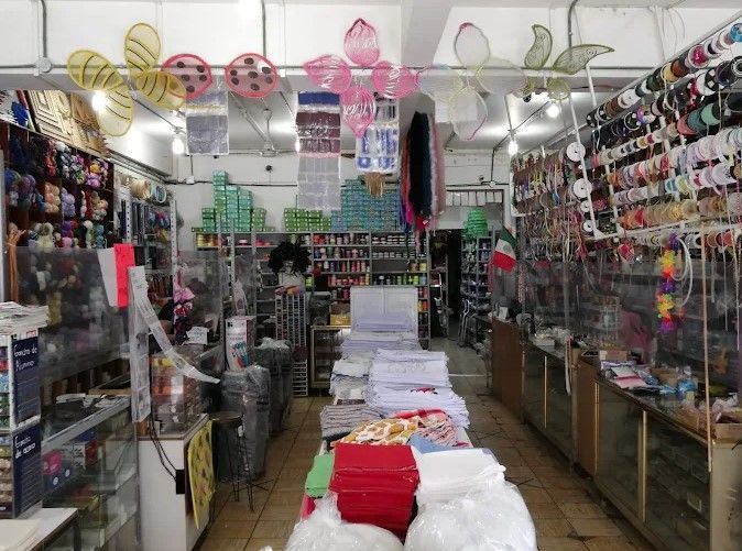 Interior de una tienda de artículos de manualidades con diversos artículos expuestos en estanterías y mostradores.