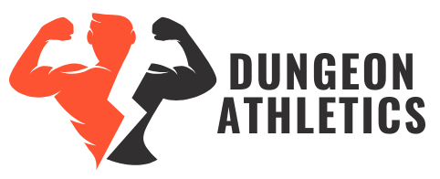 The logo for dungeon athletics shows a man flexing his muscles.