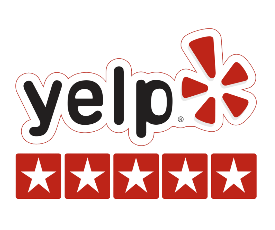 Yelp logo with five red star ratings, indicating a highly rated business.