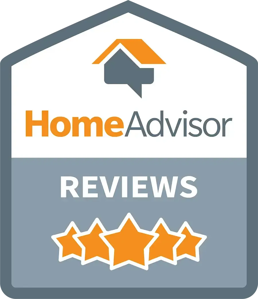 HomeAdvisor Reviews badge: gray, white, and orange. Shows house icon, text 